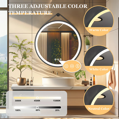 60/70/80CM Round LED Bathroom Mirror Wall Hanging Frontlit Vanity Makeup Mirror with Leather Strap Touch Anti-fog