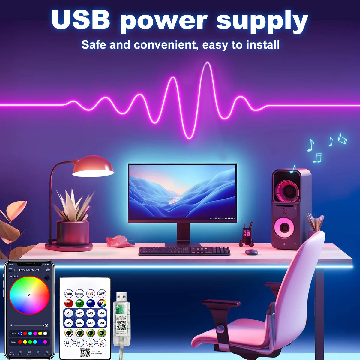 5V LED Strip Lights Bluetooth RGBIC Neon Strip Remote Control With Music Sync DIY Bedroom Home Decoration Changing Ambient Light