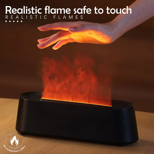 Luftbefeuchter mit Flammen-Aromatherapie-Diffusor, der ätherische Öle in 7 Farben aufnehmen kann, mit Timer und USB-Anschluss für den Schreibtisch.
