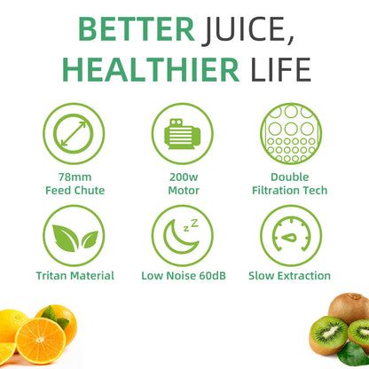 BioloMix Cold Press Juicer with 78mm Feed Chute, 200W 40-65RPM Powerful Motor Slow Masticating Juice Extractor Fits Whole Fruits