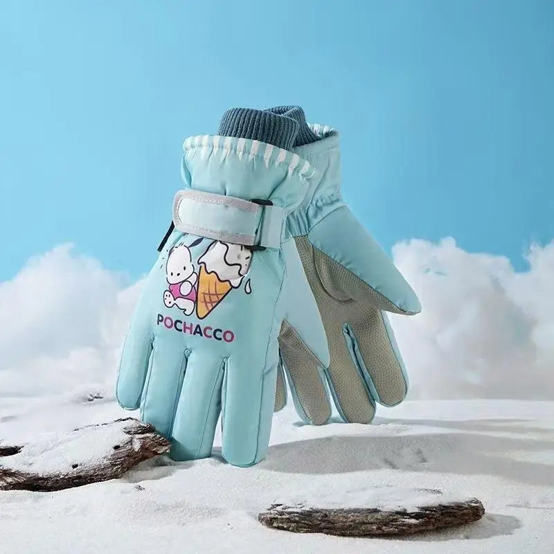 Kawaii Sanrio Ski Gloves for Kids - Kuromi Melody Pochacco Winter Mittens | Waterproof Velvet Gloves