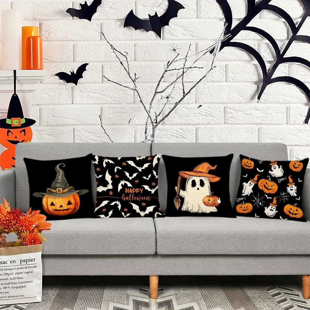 Halloween themed cushion cover set of 4 Pumpkin skull and ghost pattern 45*45cm