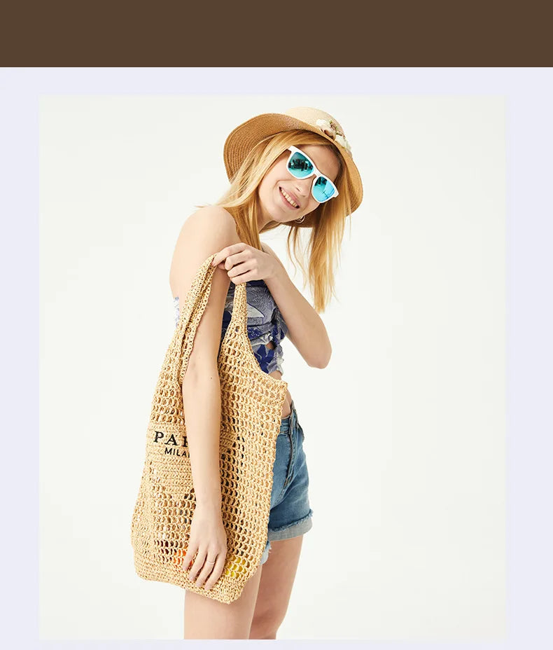 Casual Hollow Straw Women Shoulder Bags Designer Letters Handbags Paper Woven Large Tote Bag Handmade Summer Beach Purses 2024