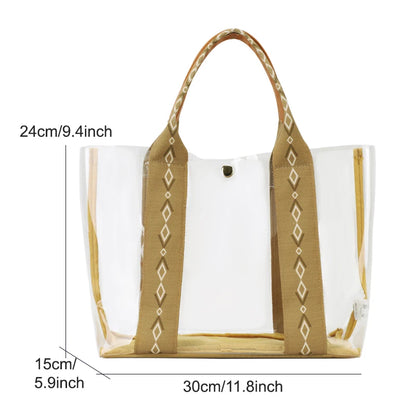 TINYAT Khaki Bohemian Style Clear PVC Tote Bag for Women, Transparent Shopper Clutch Purse for Daily Use and Music Festivals