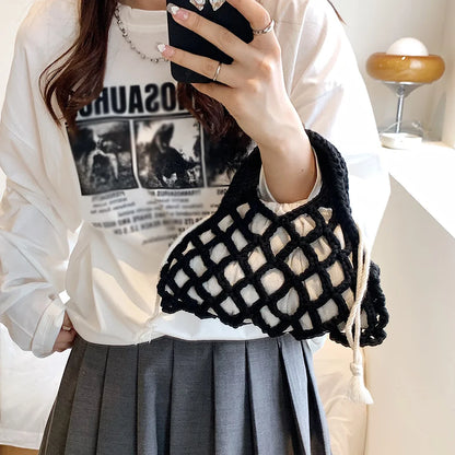 Summer Cotton Thread Woven Handbag Women Crochet Beach Bag Hollow Out Knitting Mini Top-Handle Bag Straw Mesh Boho Wristlet Bags
