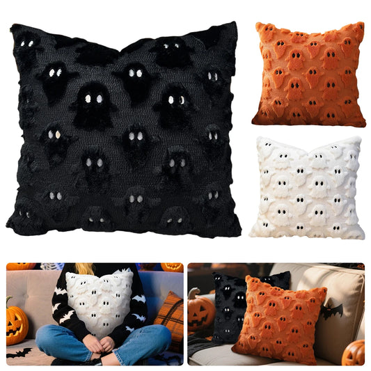 1pcs Halloween Plush Ghost Cushion Pillow Cover 3D Embroidered Decorative Cushion Case for Sofa Home Party Holiday Decoration