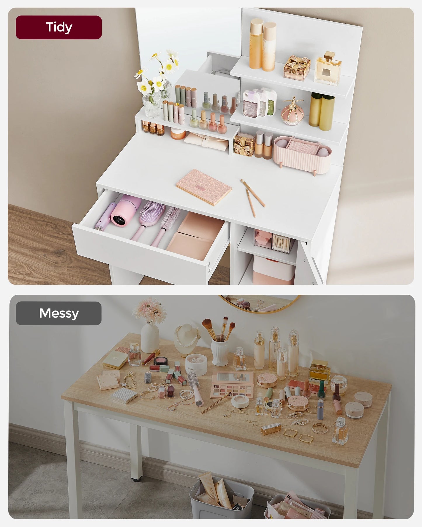 VASAGLE Dressing Table, Vanity Table with Mirror, 1 Drawer, 2 Shelves, Storage Cabinet, Makeup Organiser, White RDT119W01