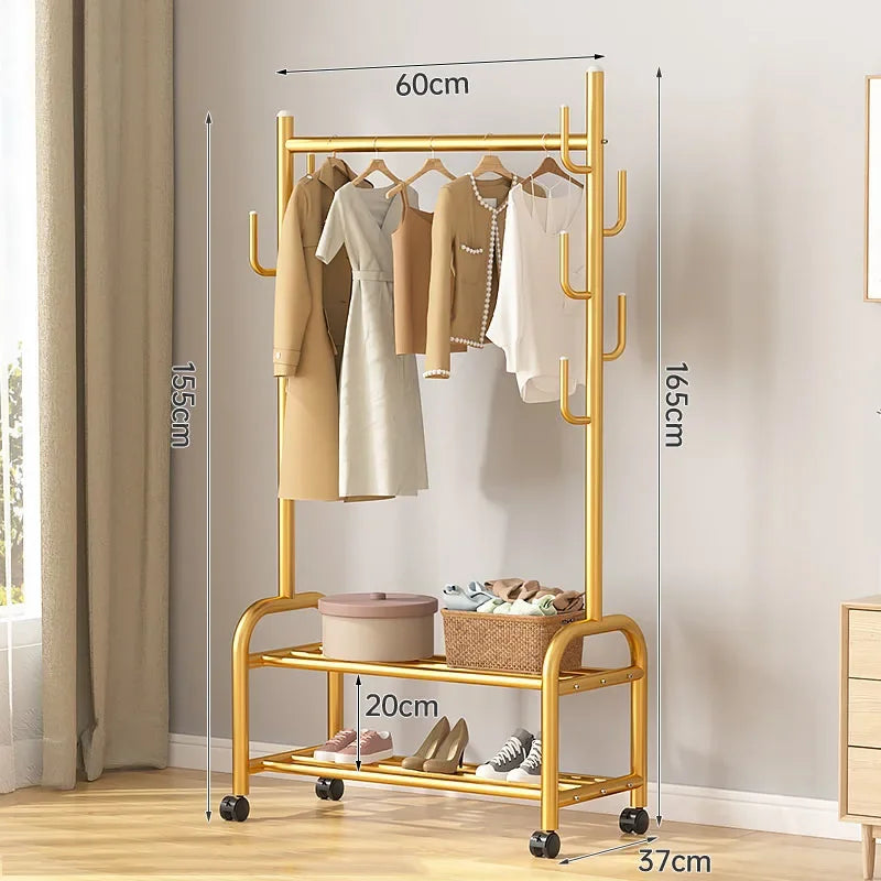 Aesthetic Golden Clothes Rack Metal Balcony Nordic Wheels Clothes Rack Floor Bedroom Burro Ropa Perchero Hallway Furniture