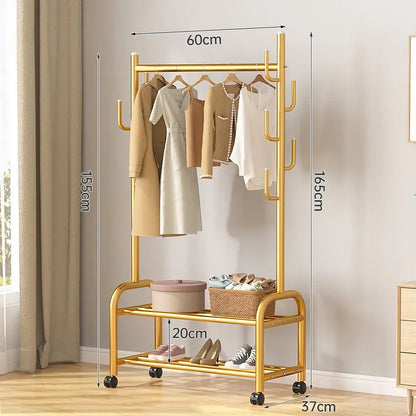 Aesthetic Golden Clothes Rack Metal Balcony Nordic Wheels Clothes Rack Floor Bedroom Burro Ropa Perchero Hallway Furniture