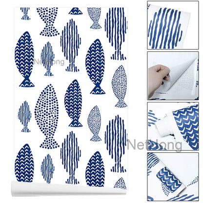 6M Vinyl Geometric small fish pattern Wallpaper Stickers Self Adhesive Contact Paper Waterproof