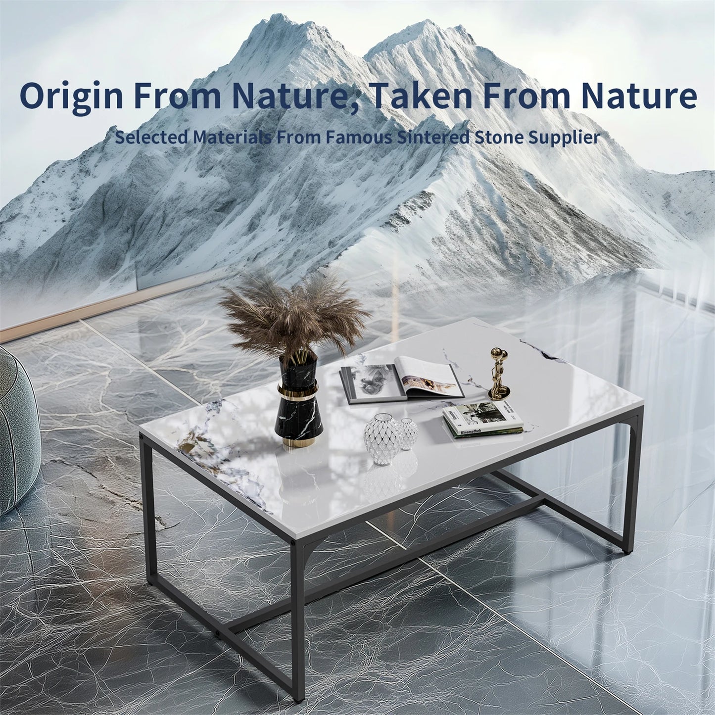 Rechteckiger Couchtisch mit Tuschemalerei-Textur, moderner Chic, Beistelltisch neben dem Sofa, Tischplatte aus Sinterstein, Aluminiumgestell