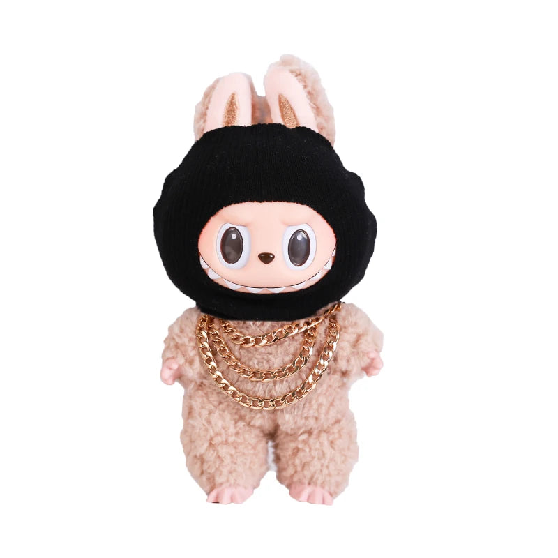 For Labubu Clothes Accessories Trendy Cool Cute Fun and Funny Style Black Knit Hat and Necklace Street Fashion Doll Accessories