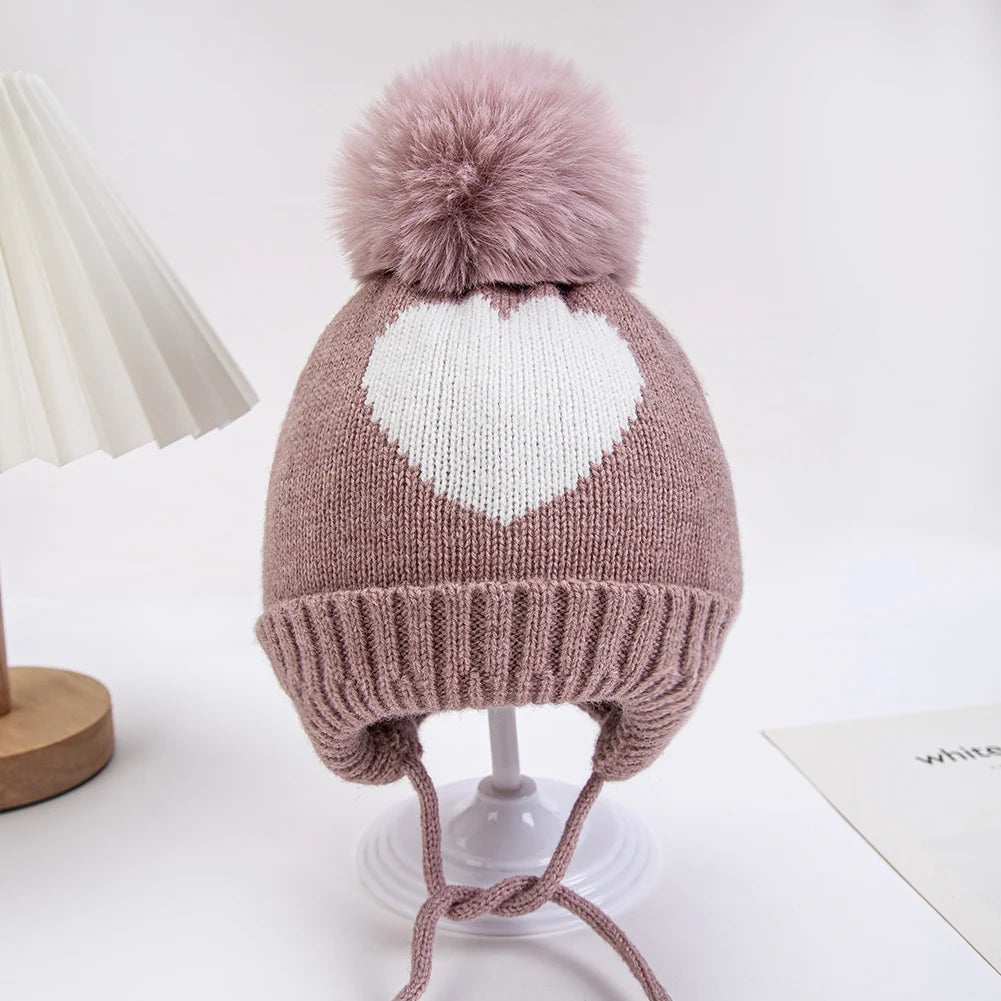 Cute Pompom Baby Turban Hats Heart Knitted Caps Boys Girls Beanies 0-3T Autumn Winter Kids Headwraps Bonnets Hair Accessories