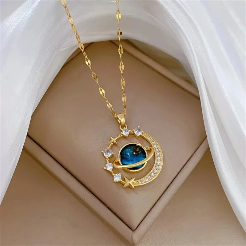 Exquisite Starry Sky Planet Light Luxurious Temperament Gorgeous Necklace Star and Moon Versatile Stainless Steel Clavicle Chain