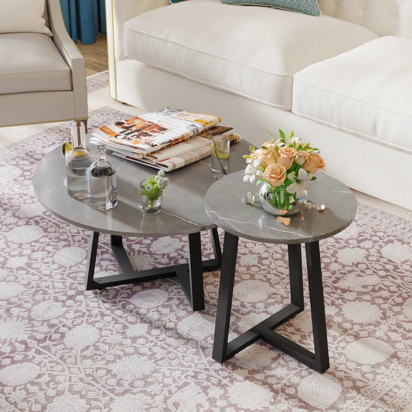 Modern Nesting Coffee Table, Round Accent Cafe Table, Side End Table, Grey Sintered Stone, Metal Frame, Set of 2