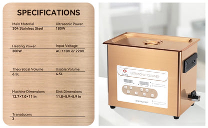 6.5L Ultrasonic Cleaner, 40kHz Ultrasonic Bath, Cleaning Machine For Jewellery Dental Motorbike Carburetor Auto Parts etc