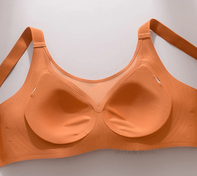 Plus Size Jelly Gum Full Cover Semi Fixed Large Cup Lace Underwear Anti Glare Mesh Woman Bra Comfortable  Gathering