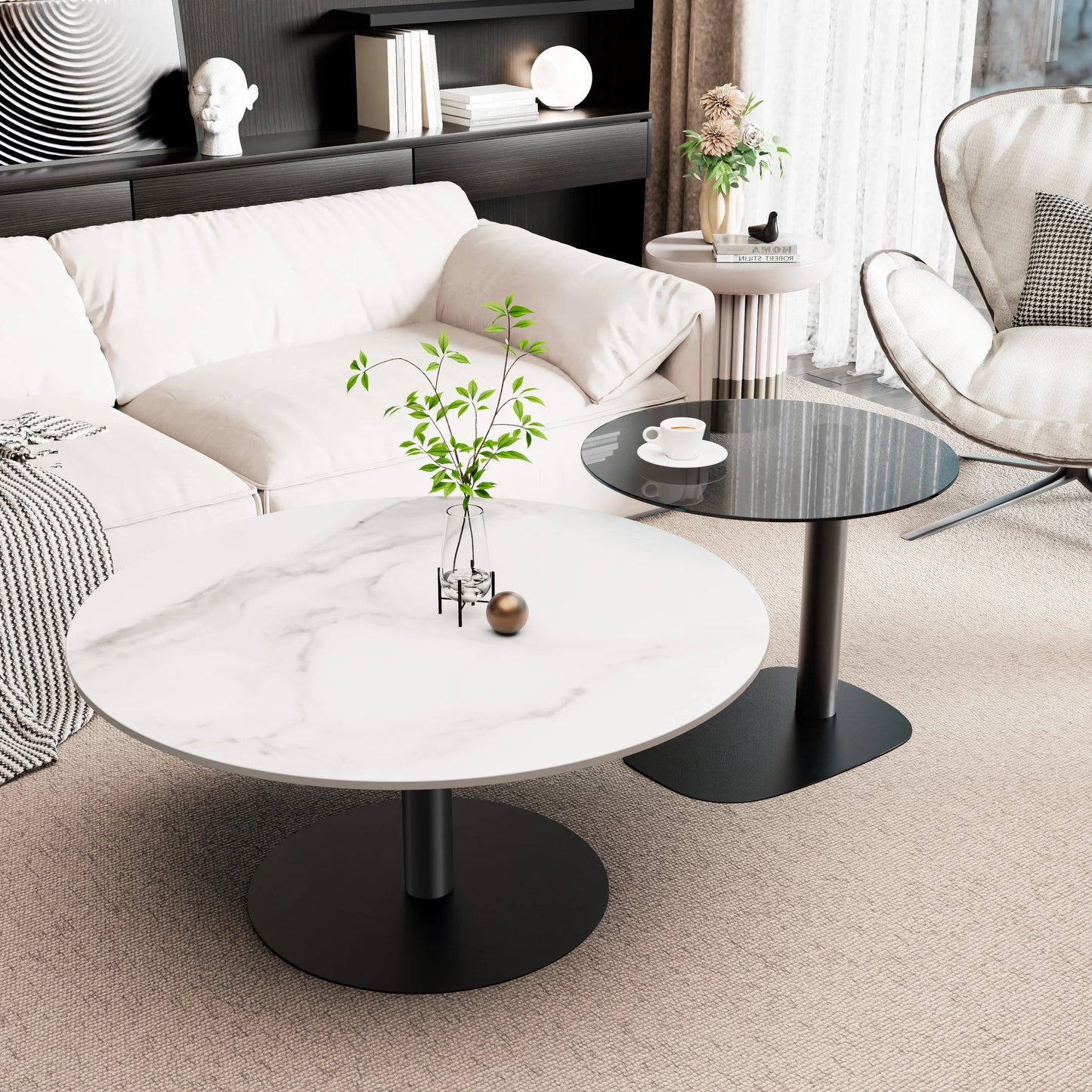 Modern Coffee Table Set, Round Nesting Table, Beech Wood, Sintered Stone and Glass, Set of 2 for Living Room Offoce