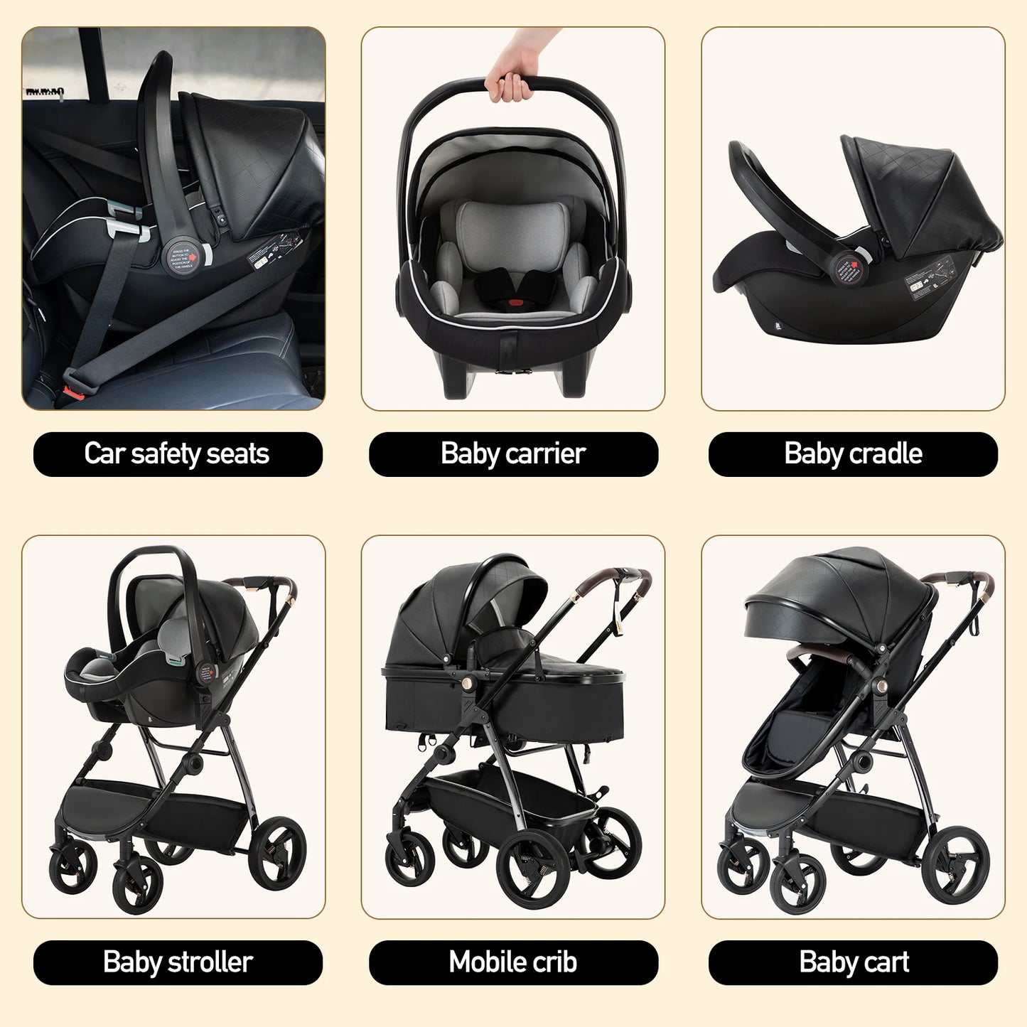 Baby stroller 3 in 1 Baby carriage Portable luxurious travel pram High landscape newborn baby stroller with baby carrier PU