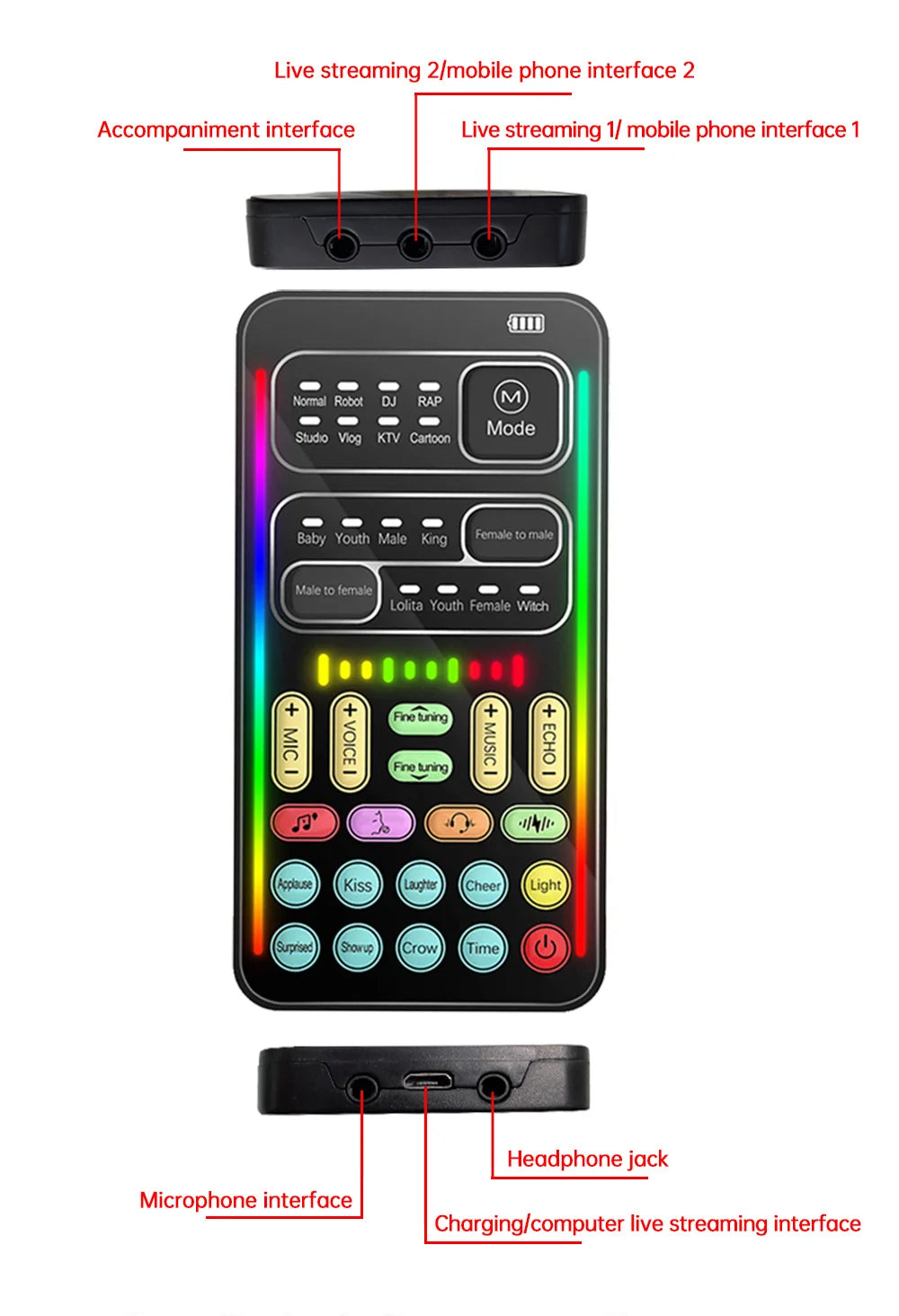 i9 Voice Changer Mini Multiple Audio Effect Bluetooth-Compatible Live Sound Cards Ultra-Thin Portable Live Sound Card Mic Tool