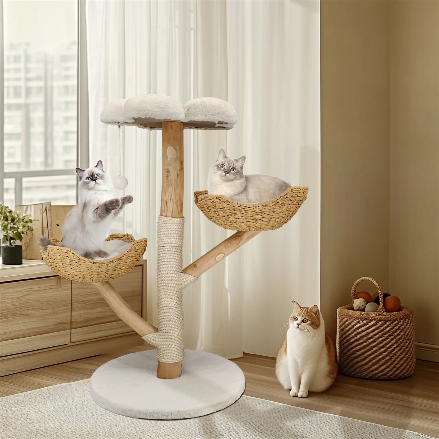 Modern Cat Tree Activity Tower with Plush Cushion and Toy Ball Sisal Scratching Post Kitten Play House for Indoor
