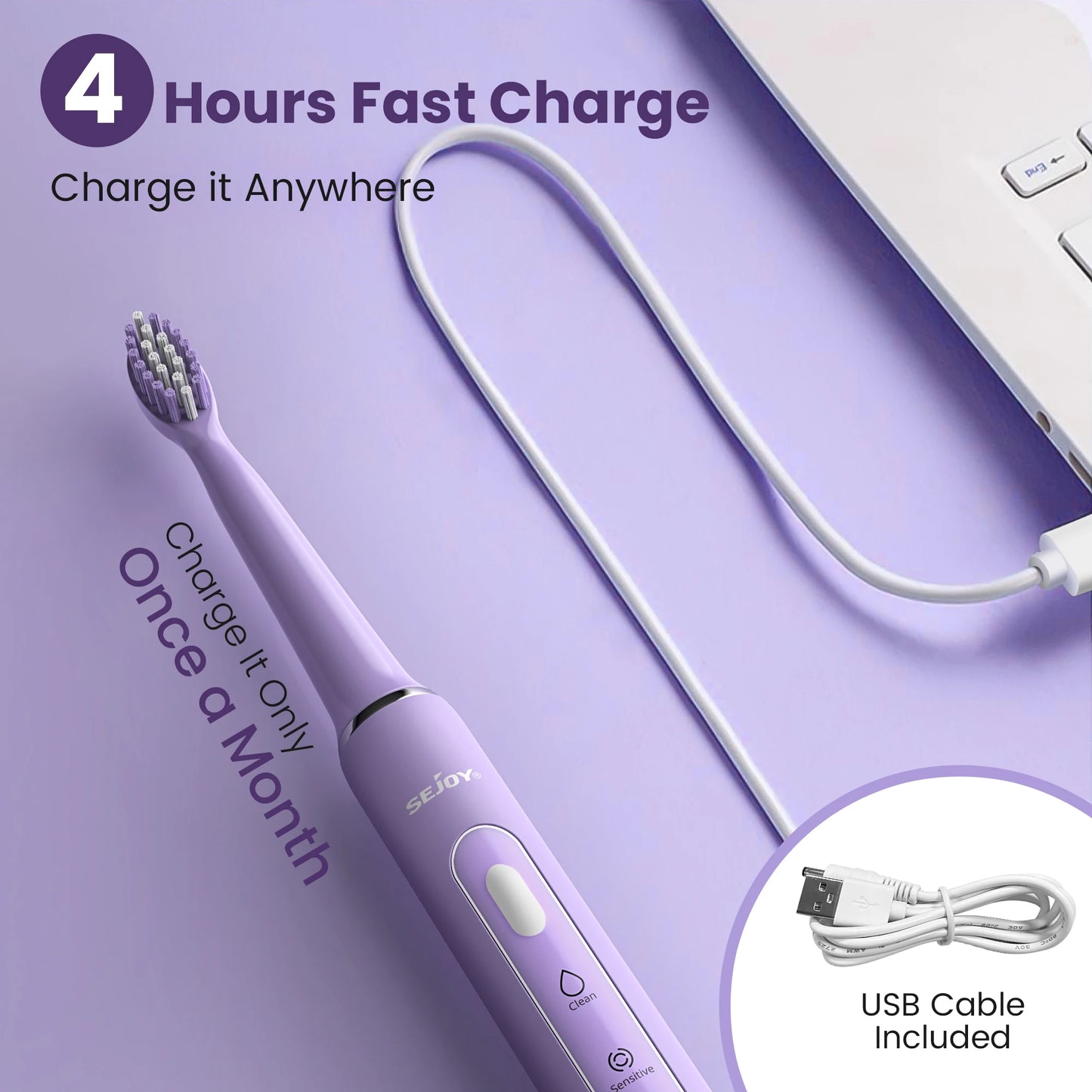 Sejoy Electric Toothbrush with 6 Heads 3 Cleaning Modes for Dental Care Smart Timer Rechargeable Sonic Toothbrush