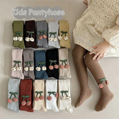 Girls Cotton Tights with Cherry Pattern - Soft Pantyhose for Kids Ages 2-10 Years