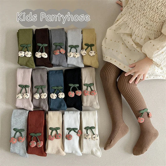 Girls Cotton Tights with Cherry Pattern - Soft Pantyhose for Kids Ages 2-10 Years