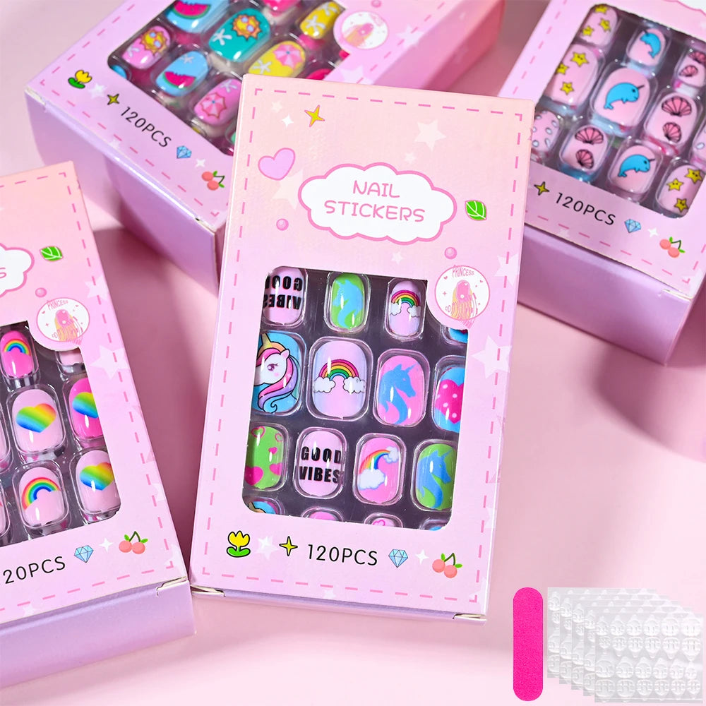 120Pcs Children's Press on Nails Kids Cartoon Acrylic Fake Nails Tips Kawaii Girl Full Cover Short False Nails With Jelly Glue#@