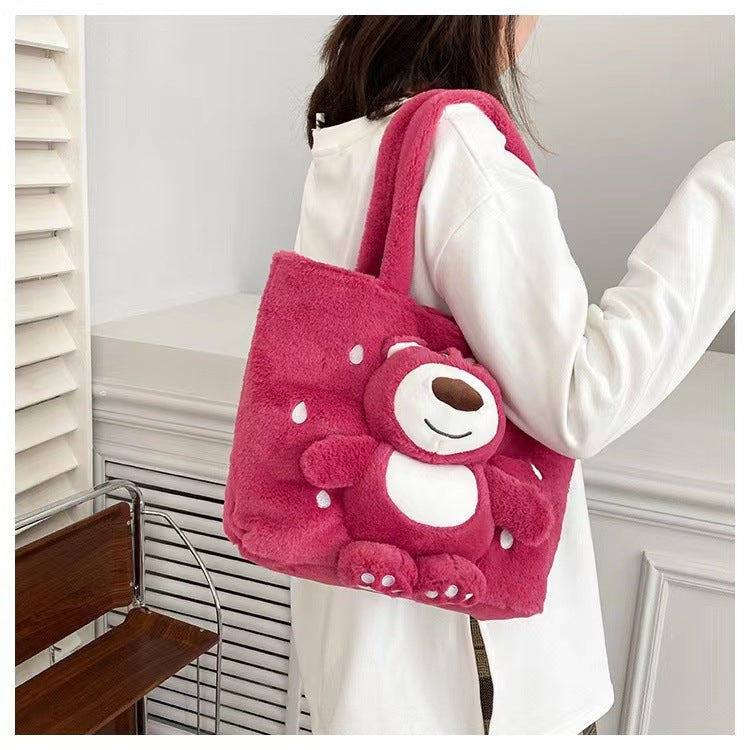 Disney 2025 New Cartoon Plush Doll Shoulder Bag Sweet and Cute Stitch Strawberry Bear Soft Cute Girls Handbag