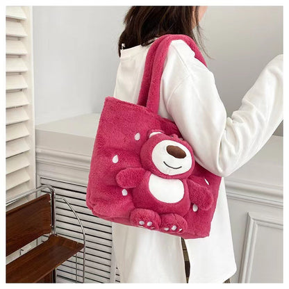 Disney 2025 New Cartoon Plush Doll Shoulder Bag Sweet and Cute Stitch Strawberry Bear Soft Cute Girls Handbag