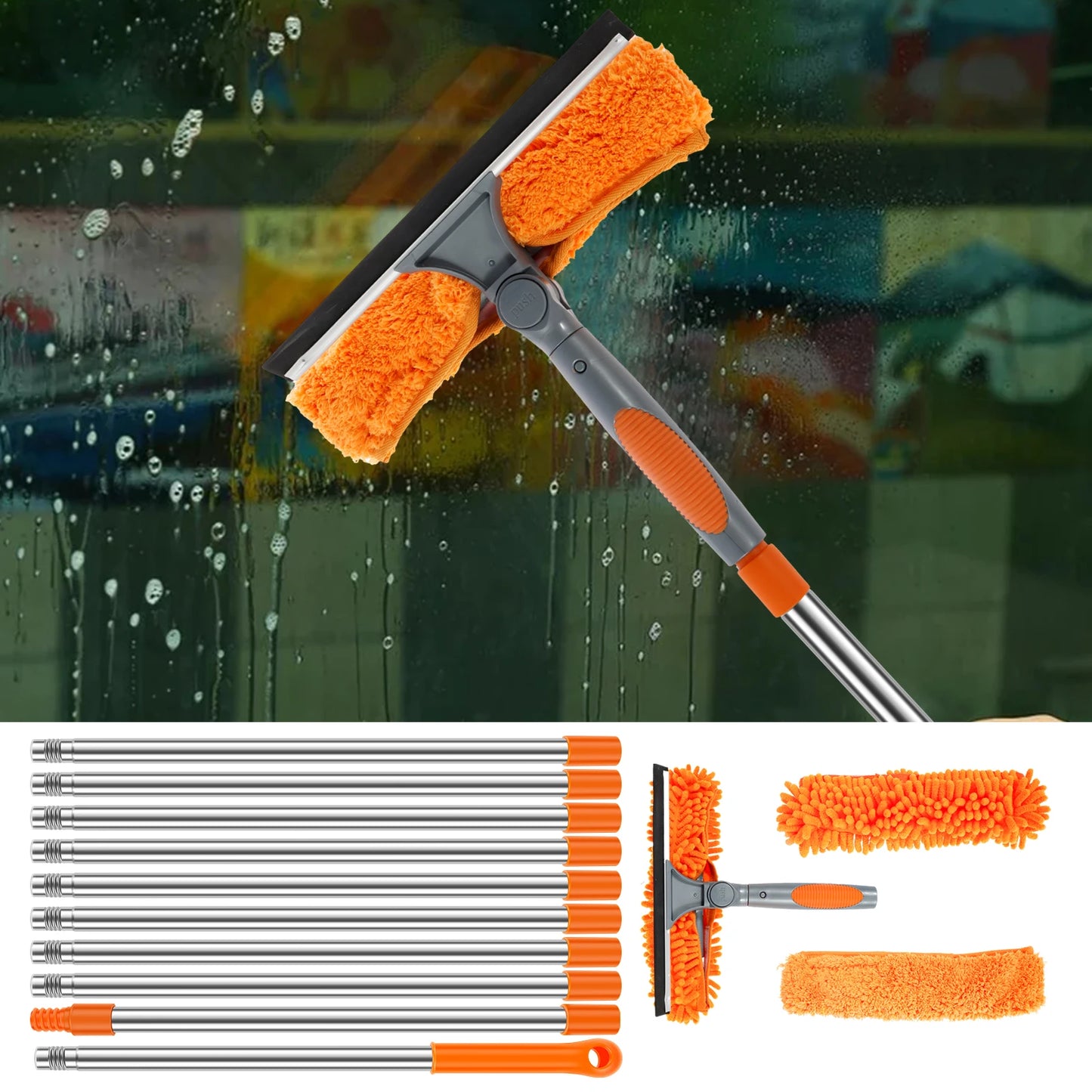 Extendable Window Cleaner Tools Set 2 in 1 Double Sided Window Cleaner Duster Tool 180° Rotatable Long Handle Window Mop