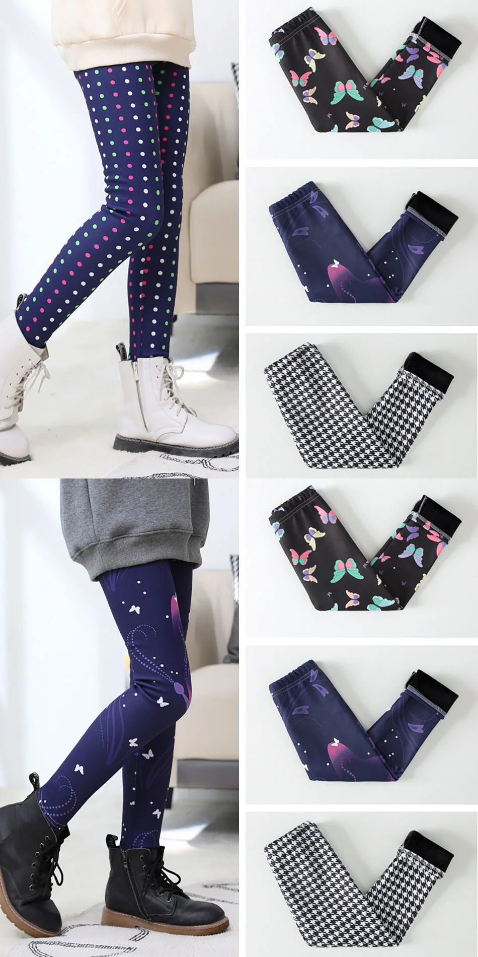 Girls Winter Leggings - Warm Plush Thickened Butterfly Print Pants for Kids