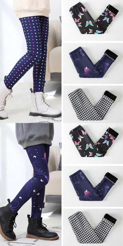 Girls Winter Leggings - Warm Plush Thickened Butterfly Print Pants for Kids
