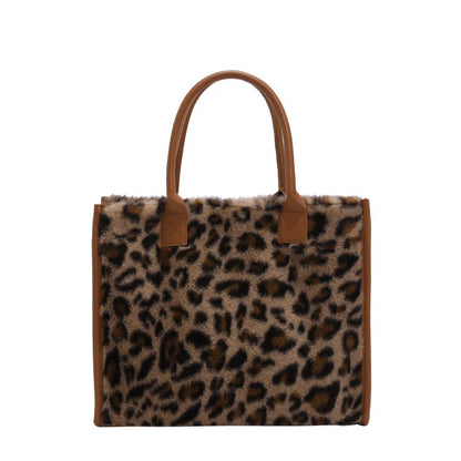 Winter Faux Fur ,Leopard Print Designer Shopper Totes, Fashion Soft Plush Women Shoulder Bags, Large Capacity Handbags and Purse