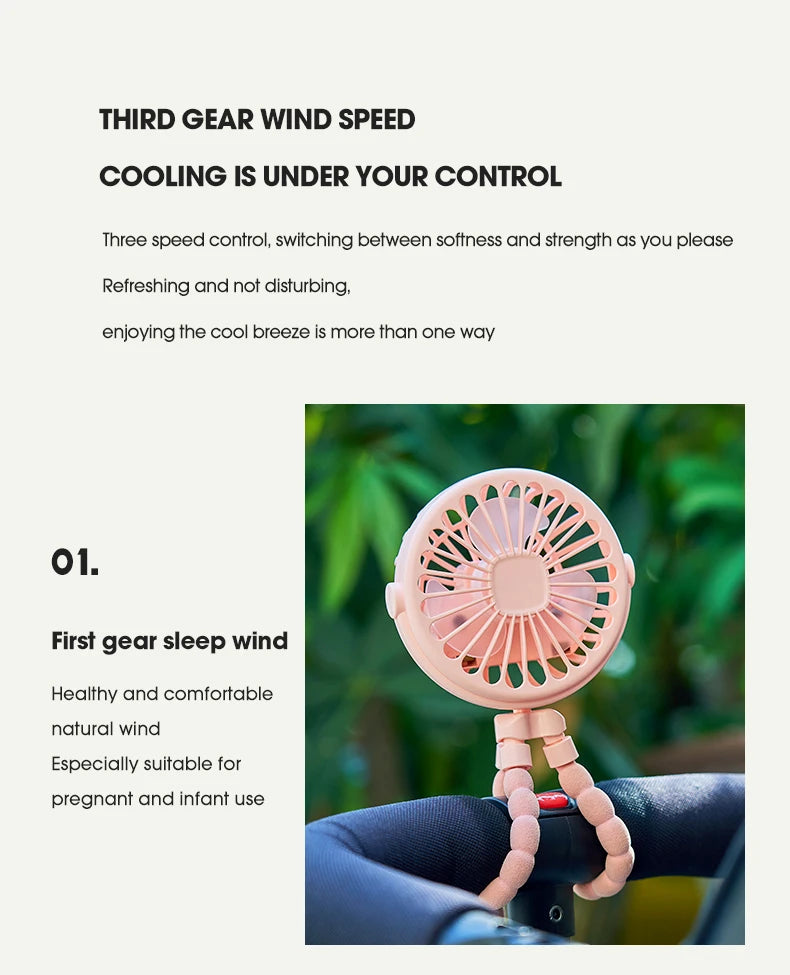 HOMEFISH Portable Baby Stroller Fan Oscillating Clip-on Mini Fan USB Battery Operated with Flexible Tripod for Pram Car Seat