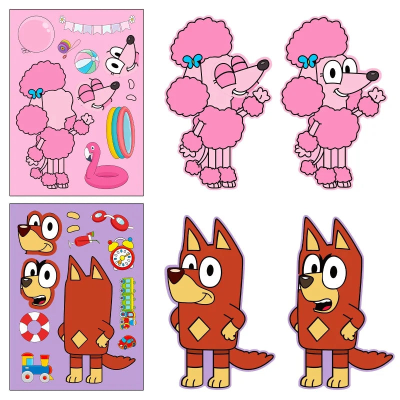 6/12/18Pcs Bluey Anime Cartoon Dog Puzzle Stickers Cute Children DIY Color Puzzle Education Stickers Kids Funny Toys Gift