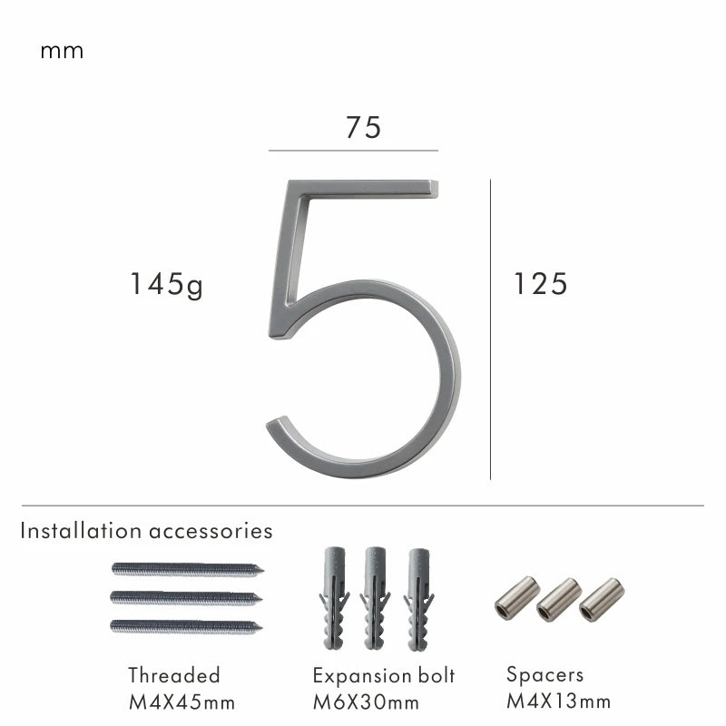 Nurlin 5 inchs 125mm Luxury Address Big House Numbers Modern Gold Black Silver Floating Signage Outdoor Digits Mailbox Sign