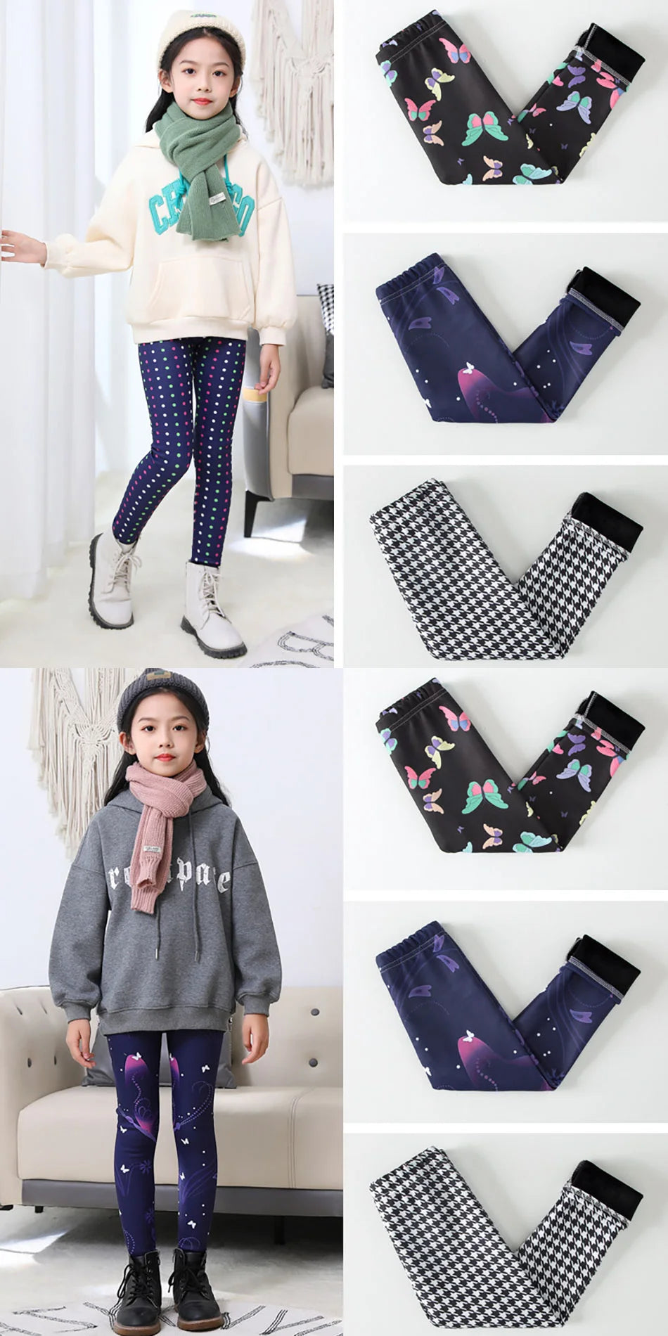Girls Winter Leggings - Warm Plush Thickened Butterfly Print Pants for Kids