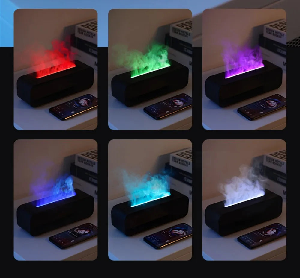 Luftbefeuchter mit Flammen-Aromatherapie-Diffusor, der ätherische Öle in 7 Farben aufnehmen kann, mit Timer und USB-Anschluss für den Schreibtisch.