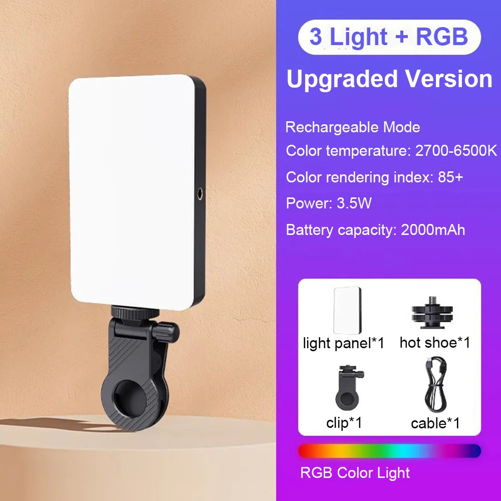 LED RGB Video Light Phone Fill Light Rechargeable Portable Lanterns 2000MAh Ajusted 3 Modes 2700-6500K Portable Selfie Lighting