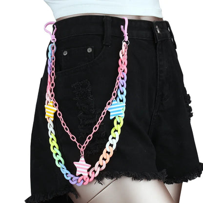 Doulbe Layered Pink Color Strawberry Resin Chain Keychains Women Girls Hip Hop Waist Chain Pants Trousers Chain Bohemian Jewelry