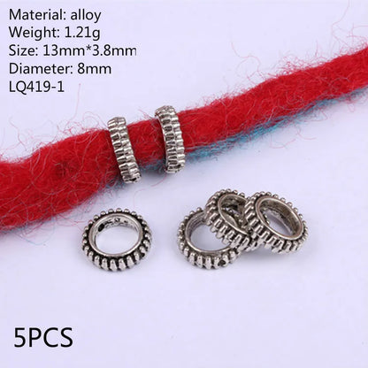 5 Pcs Antique Silver Hair Braid Dread Dreadlock Beads Cuffs Tuber Approx 8mm Inner Hole for Hair Styling Accessories Tool