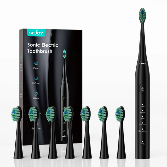 Sejoy Electric Toothbrush for Adults Rechargeable DY-156 Sonic Tooth Brushes 5 Modes IPX7 Waterproof with 8 Replacement Heads