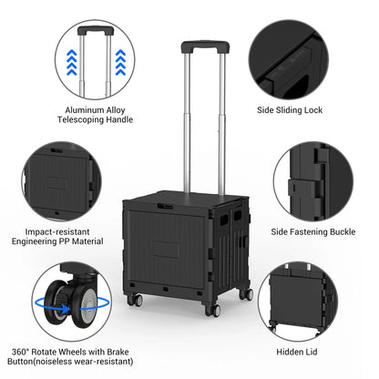 Folding Utility Cart Portable 360° Rolling Wheels Telescopic Handle Trolley Collapsible Shopping Box with Lid for Camping Office