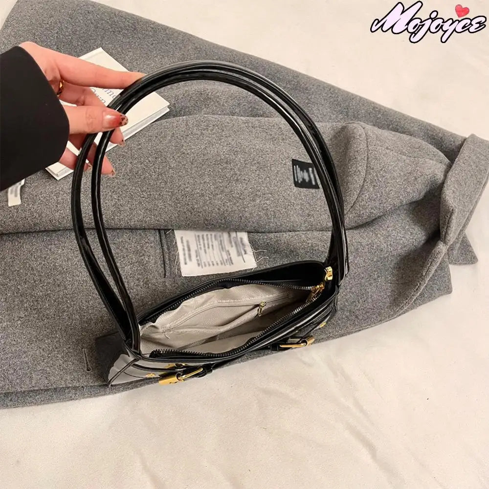 MOJOYCE Small Belt Design Glossy Patent Leather Shoulder Bags Women Luxury Brand Tote Handbag Y2K Underarm Bag with Inner Pocket