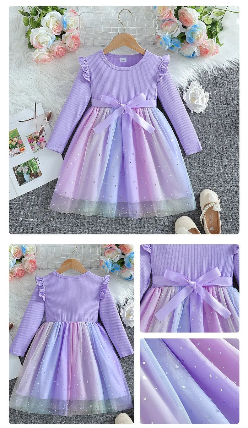 Girls Dress Blue Autumn Princess Dress Kids Clothes Birthday Party Dress Pink Long-sleeved for Children Fashion Rainbow 1-6Y
