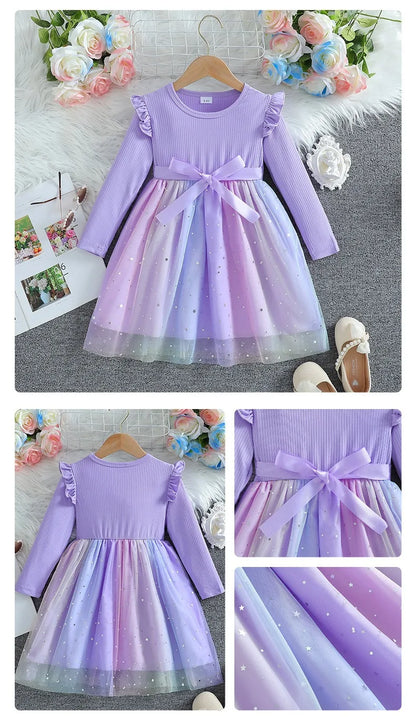 Girls Dress Blue Autumn Princess Dress Kids Clothes Birthday Party Dress Pink Long-sleeved for Children Fashion Rainbow 1-6Y