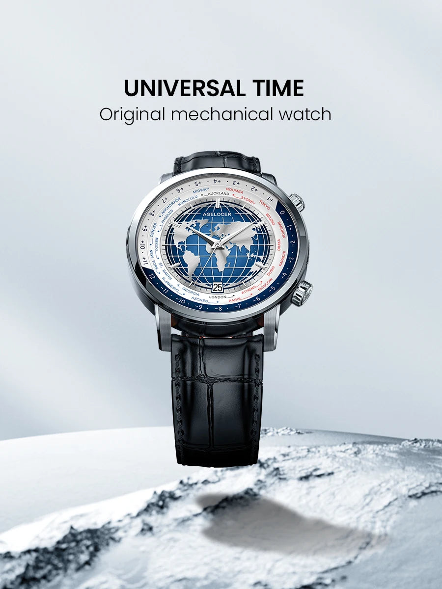AGELOCER Original World Time Watch Men's Luxury Business Formal Automatic Mechanical Watch Birthday Gift for Men
