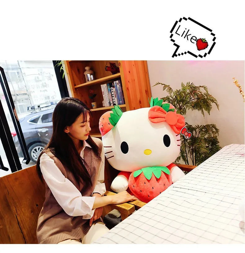 Kawaii Sanrio Hello Kitty Plush Stuffed Toy Strawberry KT Cat Pillow Doll Children's Birthday Gift Home Decoration Animal Doll